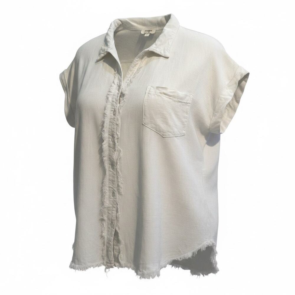 Umgee Linen Blend Frayed Hem Button Front Top L Ivory Boho Short Sleeve